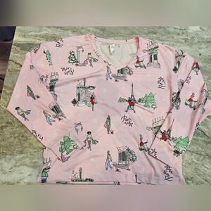 Tranquil & True Small Pink Paris Winter Scene Long Sleeve Top Cute Novelty Print